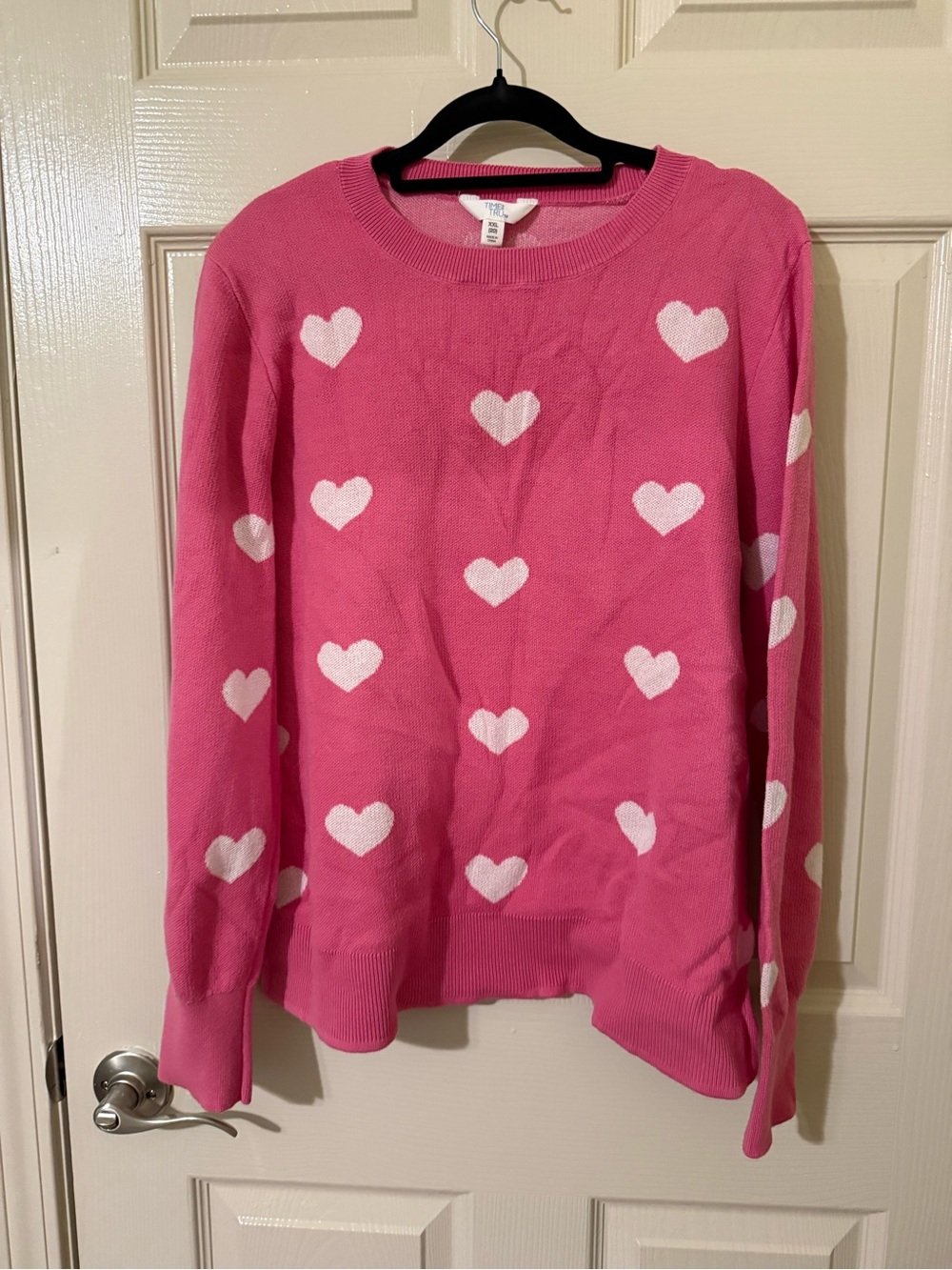 Time and Tru Pink Crewneck Sweater with White Heart Motif